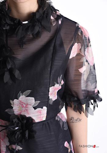 Vestido em Linho manga curta chiffon Floral com gola subida com forro com cinto de tecido - ph 4