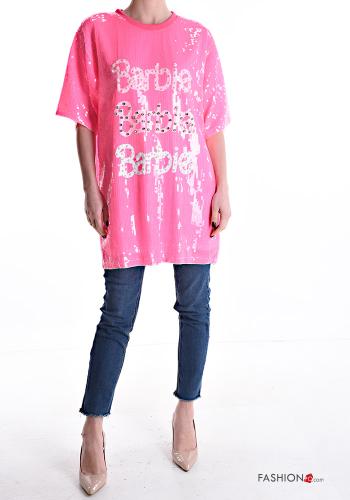 T-shirt maniche corte girocollo Fantasia scritta con paillettes - ph 5