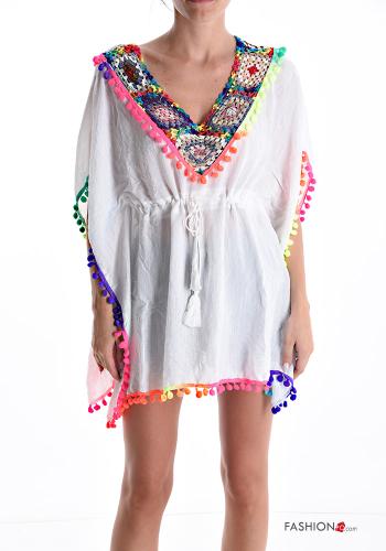 Embroidered short sleeve mini Cotton Cover up with v-neck - ph 1