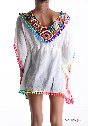 Embroidered short sleeve mini Cotton Cover up with v-neck - ph 2