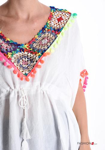 Embroidered short sleeve mini Cotton Cover up with v-neck - ph 4