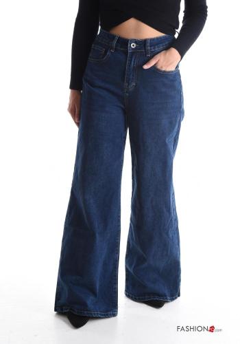 flared wide leg Cotton Jeans with buttons with zip with pockets