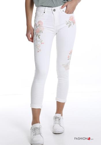 Besticktes Muster Jeans aus Baumwolle mit Taschen