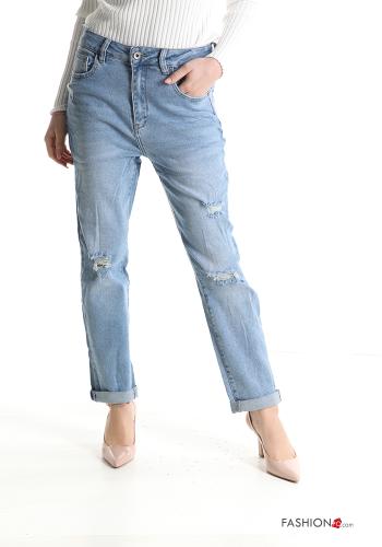denim ripped Cotton Jeans with pockets with zip