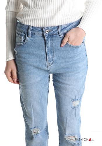 denim ripped Cotton Jeans with pockets with zip - ph 4