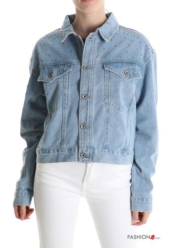 denim with collar Cotton Jacket with buttons with rhinestones