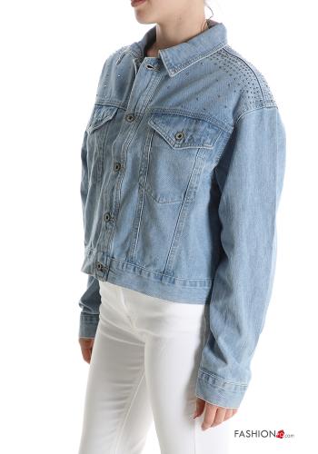 Giacca in Cotone denim con colletto con bottoni con strass - ph 3