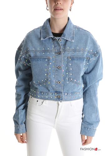 Denim mit kragen Jacke aus Baumwolle mit Knöpfen mit Nieten mit Taschen - ph 1