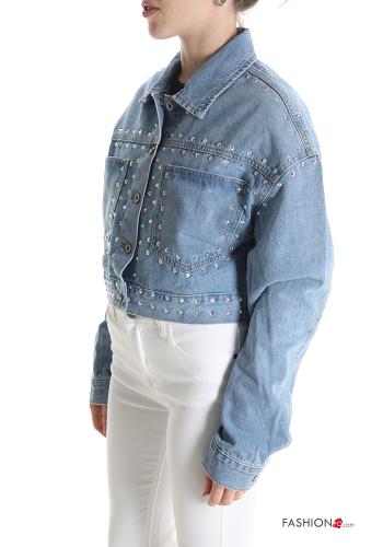 Denim mit kragen Jacke aus Baumwolle mit Knöpfen mit Nieten mit Taschen - ph 3