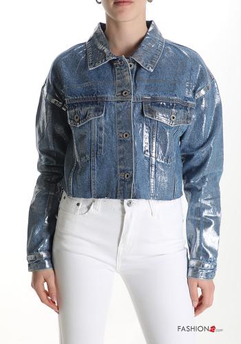 metallic with collar denim Cotton Jacket with buttons