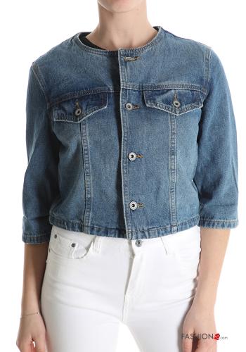 denim crew neck Cotton Jacket with buttons 3/4 sleeve
