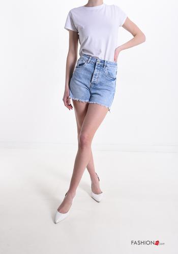 Pantaloncino Short in Cotone denim con tasche con frange - ph 5