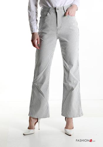 Streifenmuster Denim wide leg hoher Taille Hose mit Taschen - ph 1