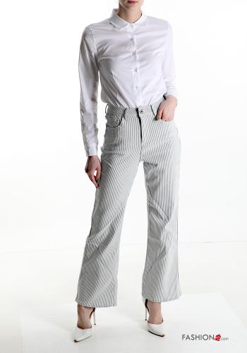Streifenmuster Denim wide leg hoher Taille Hose mit Taschen - ph 5