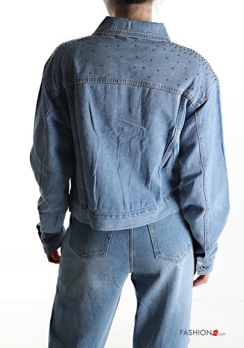 Denim Jacke aus Baumwolle mit Knöpfen mit Strasssteinen mit Taschen - ph 2