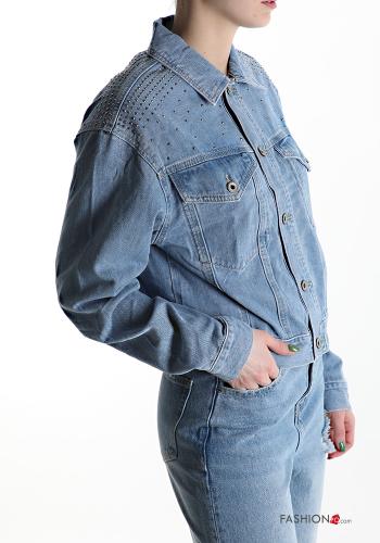 Denim Jacke aus Baumwolle mit Knöpfen mit Strasssteinen mit Taschen - ph 3