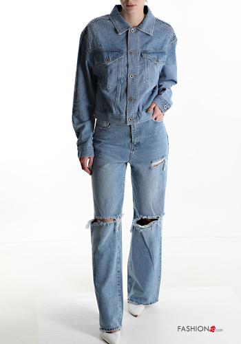 Denim Jacke aus Baumwolle mit Knöpfen mit Strasssteinen mit Taschen - ph 5