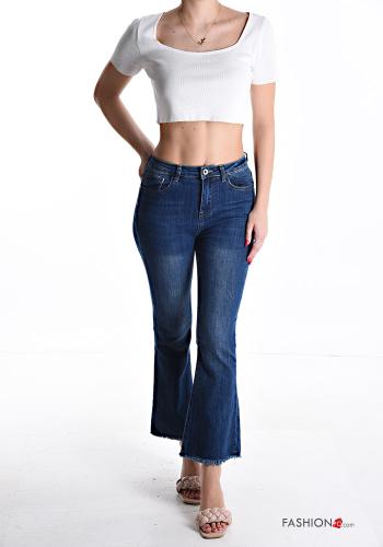 denim flared Cotton Jeans with buttons with pockets with fringe with zip - ph 5