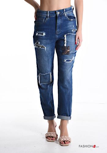 Jeans in Cotone denim strappati con tasche con zip