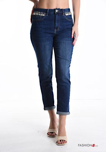 Jeans in Cotone con zip con tasche con strass