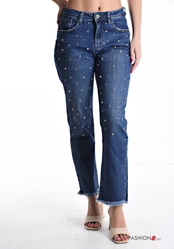 Denim Jeans aus Baumwolle mit Taschen mit Strasssteinen mit Reißverschluss