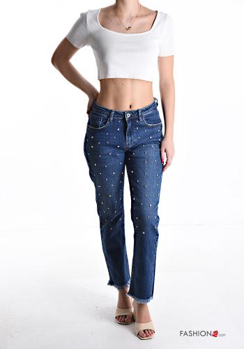 Denim Jeans aus Baumwolle mit Taschen mit Strasssteinen mit Reißverschluss - ph 5