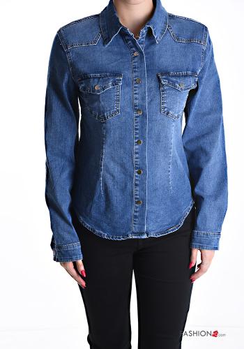 Denim mit kragen Hemd aus Baumwolle mit Knöpfen mit Taschen - ph 1