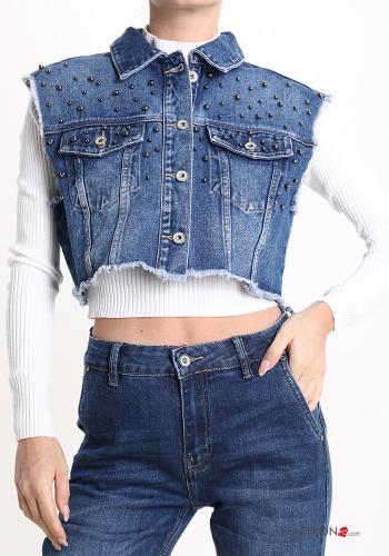 Veston en Coton en denim à boutons avec des perles avec poches - ph 1