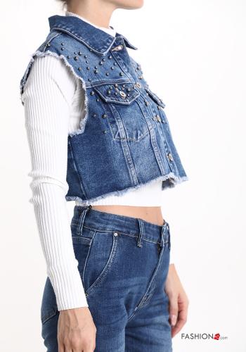 Veston en Coton en denim à boutons avec des perles avec poches - ph 3