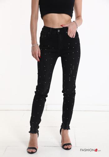 high waist skinny Cotton Jeans with pockets with rhinestones