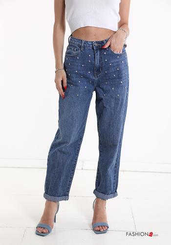 hoher Taille Jeans aus Baumwolle mit Taschen mit Strasssteinen - ph 1