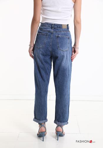 hoher Taille Jeans aus Baumwolle mit Taschen mit Strasssteinen - ph 2