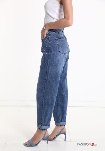 hoher Taille Jeans aus Baumwolle mit Taschen mit Strasssteinen - ph 3