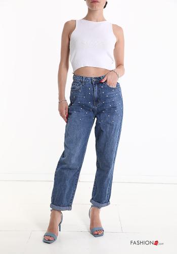 hoher Taille Jeans aus Baumwolle mit Taschen mit Strasssteinen - ph 5