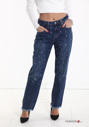 Jeans en Coton avec poches à franges avec strass