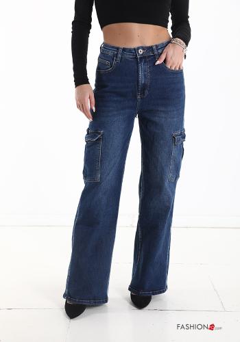 Jeans in Cotone vita alta wide leg con tasche