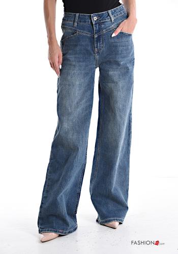 wide leg long Cotton Jeans with buttons with zip with pockets - ph 1