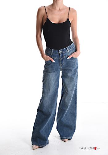 wide leg long Cotton Jeans with buttons with zip with pockets - ph 5