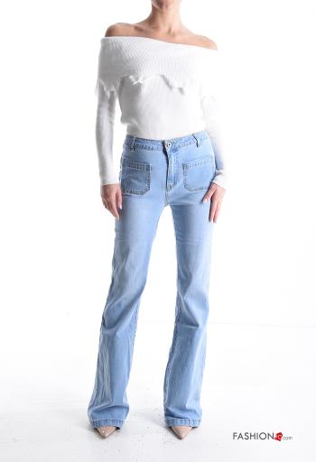 Calças de ganga em Algodão denim boca de sino com bolsos com botões com fecho - ph 5