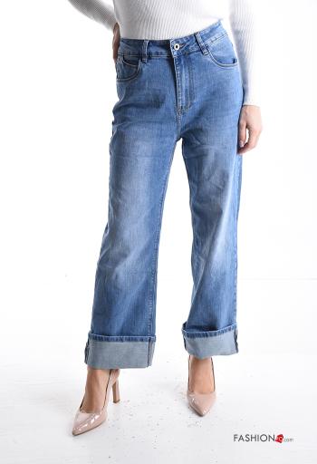 Jeans in Cotone denim wide leg con tasche con bottoni con zip