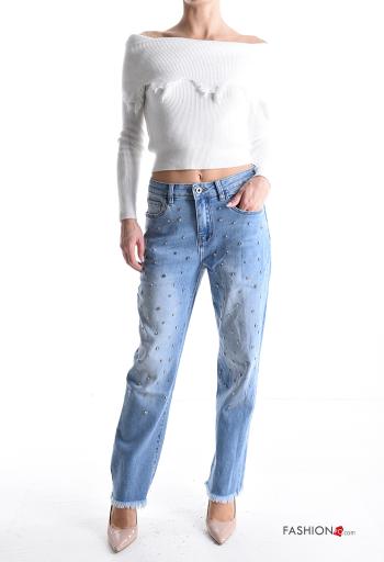 Jeans in Cotone denim con bottoni con strass con zip con tasche - ph 5