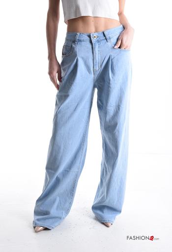 Jeans in Cotone denim wide leg con tasche con bottoni con zip