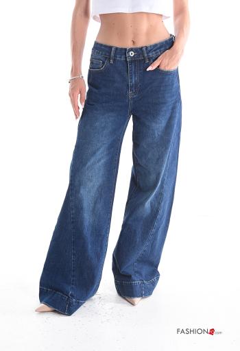 wide leg long denim Cotton Jeans with buttons with zip with pockets