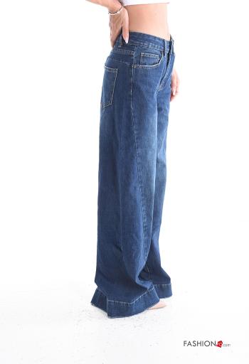 wide leg long denim Cotton Jeans with buttons with zip with pockets - ph 3