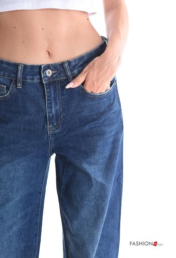 wide leg long denim Cotton Jeans with buttons with zip with pockets - ph 4