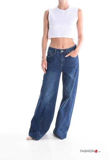 wide leg long denim Cotton Jeans with buttons with zip with pockets - ph 5