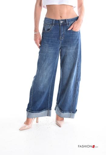 Calças de ganga em Algodão denim wide leg com bolsos com botões com fecho