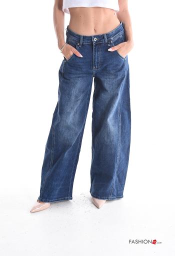 Calças de ganga em Algodão denim wide leg com bolsos com botões com fecho