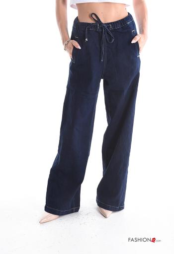 Calças de ganga em Algodão denim wide leg longo com bolsos com cordão