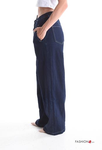 Calças de ganga em Algodão denim wide leg longo com bolsos com cordão - ph 3